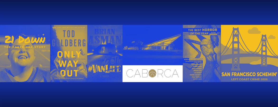 Blue and yellow banner collage of book covers, movie poster, architecture photography, and literary conference poster