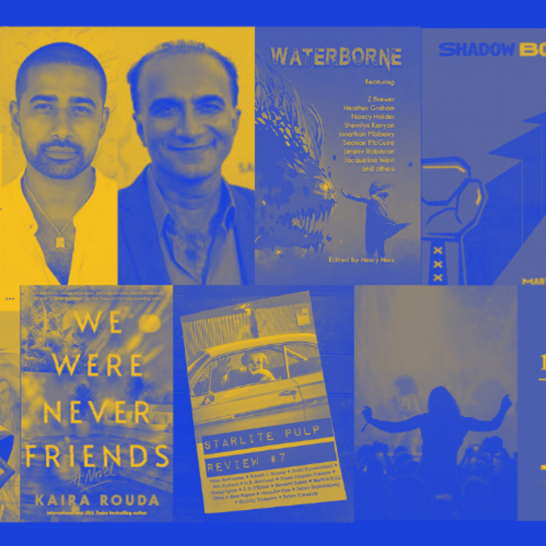 Images of book covers, magazine logos, actors, and podcast covers featured in article.