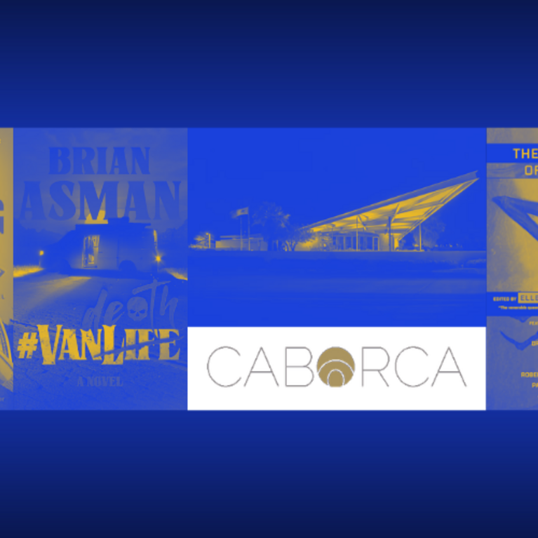 Blue and yellow banner collage of book covers, movie poster, architecture photography, and literary conference poster