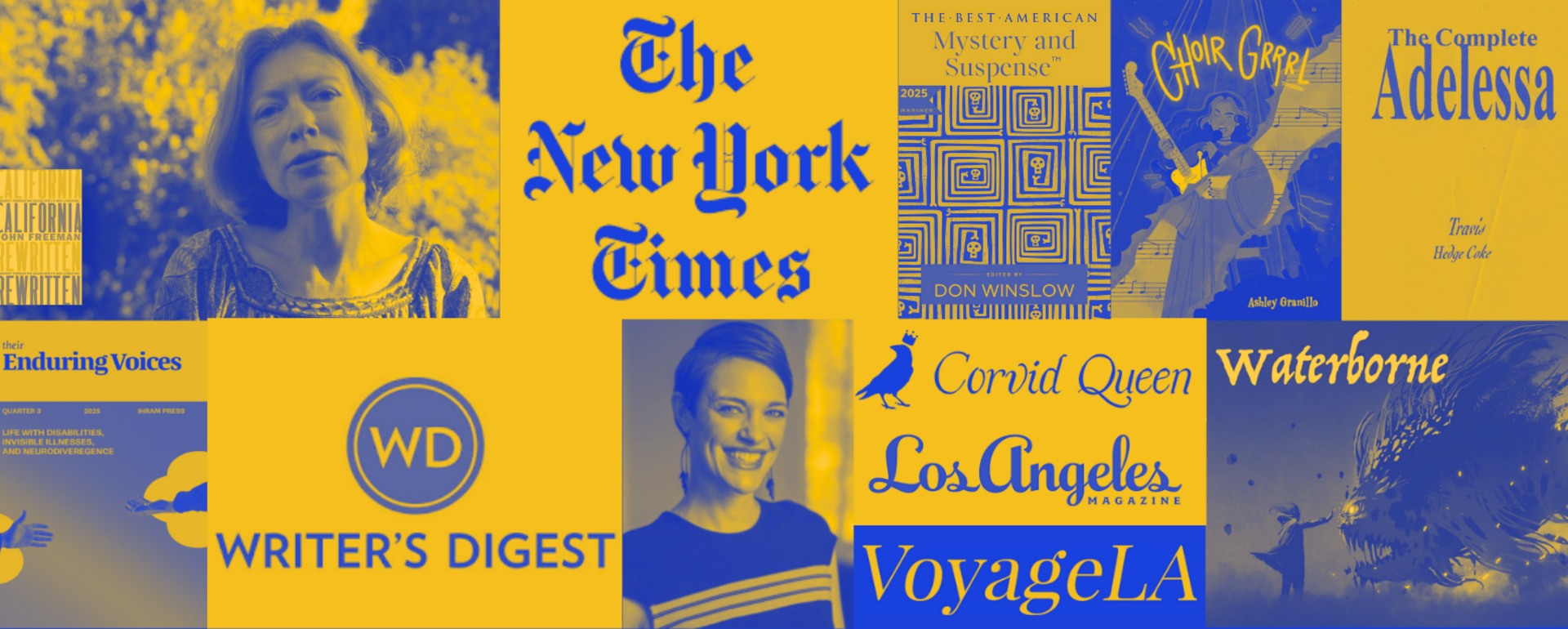 Header images of Joan Didion, The New York Times, Writer's Digest, and book covers