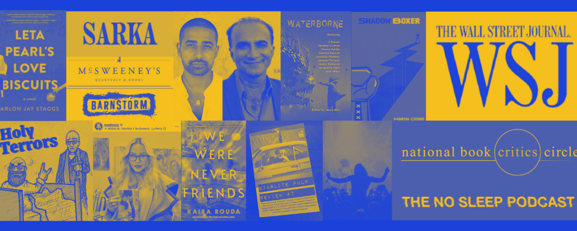 Images of book covers, magazine logos, actors, and podcast covers featured in article.