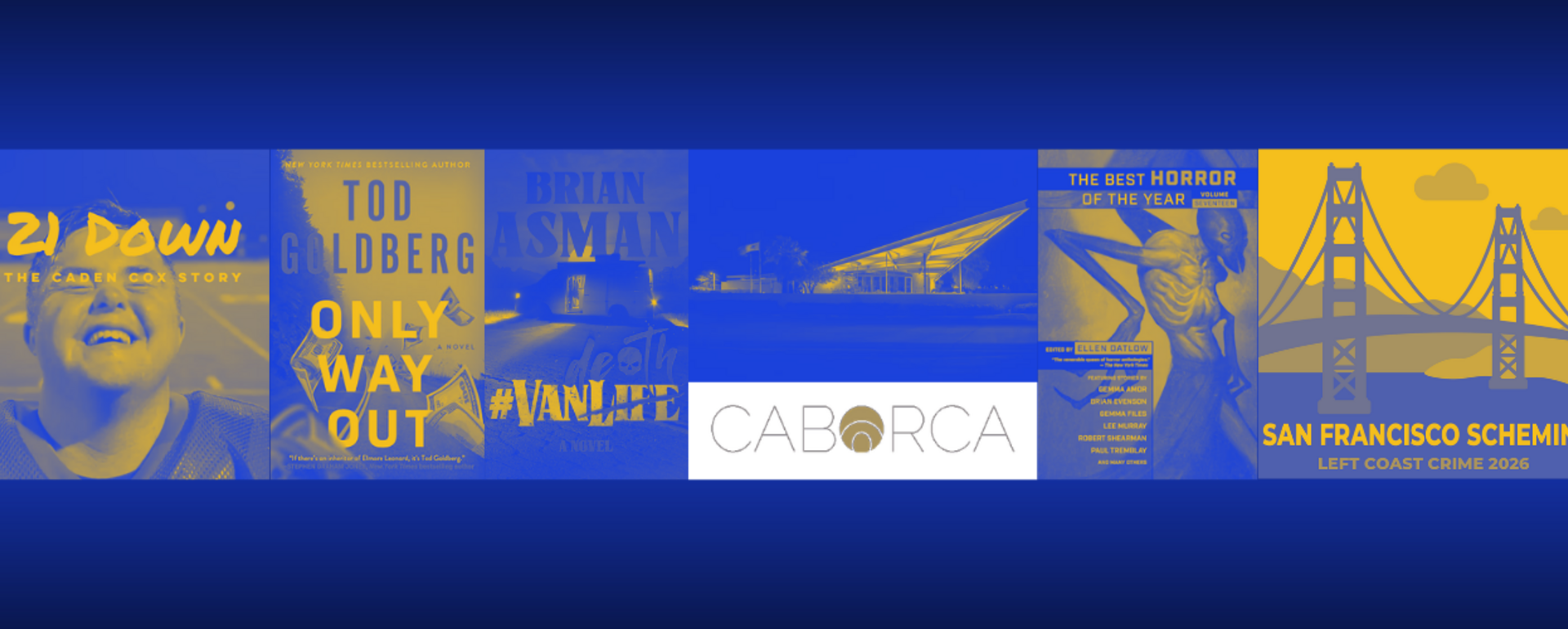 Blue and yellow banner collage of book covers, movie poster, architecture photography, and literary conference poster